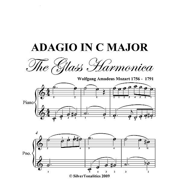 Adagio in C Major Glass Harmonica Easy Piano Sheet Music, Wolfgang Amadeus Mozart