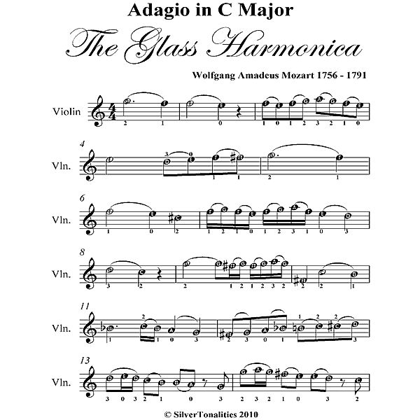Adagio In C Major Glass Harmonica Easy Violin Sheet Music, Wolfgang Amadeus Mozart