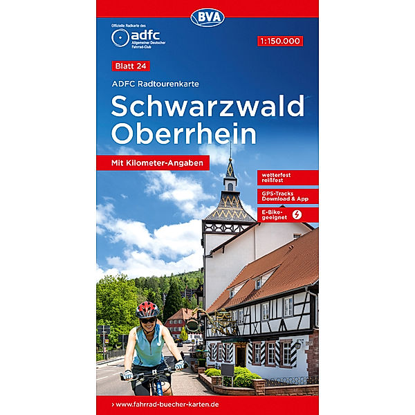 ADFC-Radtourenkarte 24 Schwarzwald Oberrhein 1:150.000, reiß- und wetterfest, E-Bike geeignet, GPS-Tracks Download, mit Bett+Bike Symbolen, mit Kilometer-Angaben