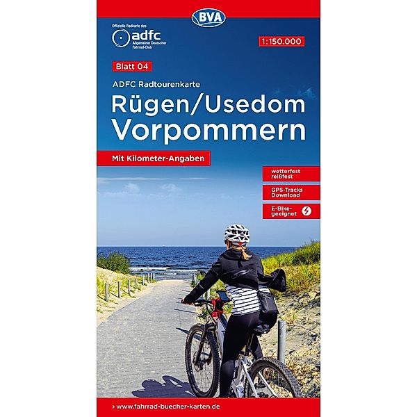 ADFC-Radtourenkarte 4 Rügen/Usedom Vorpommern 1:150.000, reiß- und wetterfest, E-Bike geeignet, GPS-Tracks Download