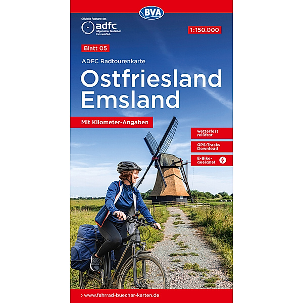 ADFC-Radtourenkarte 5 Ostfriesland / Emsland 1:150.000, reiss- und wetterfest, E-Bike geeignet, GPS-Tracks Download, mit Bett+Bike-Symbolen, mit Kilometer-Angaben