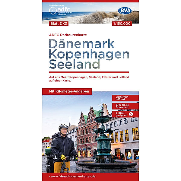 ADFC-Radtourenkarte DK3 Dänemark/Kopenhagen/Seeland 1:150.000, reiss- und wetterfest, E-Bike geeignet, mit GPS-Tracks Download, mit Bett+Bike Symbolen, mit Kilometer-Angaben