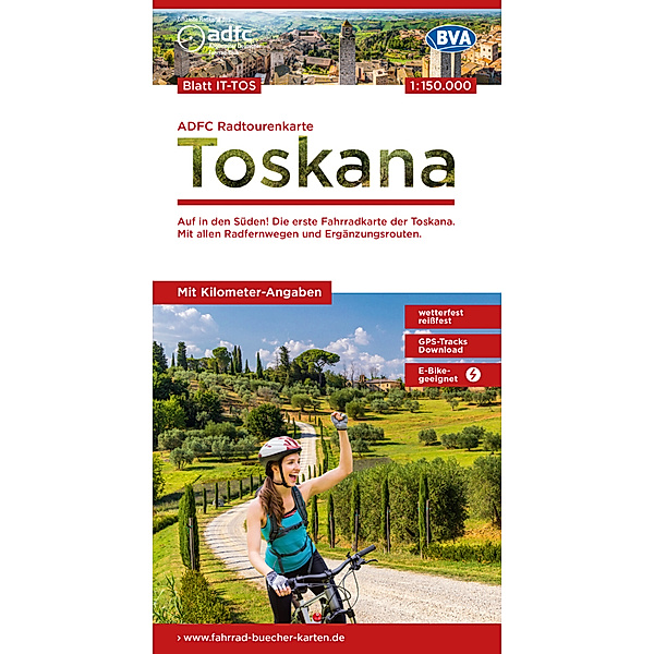ADFC-Radtourenkarte IT-TOS Toskana 1:150.000, reiß- und wetterfest, E-Bike geeignet, GPS-Tracks Download, mit Bett+Bike Symbolen, mit Kilometer-Angaben