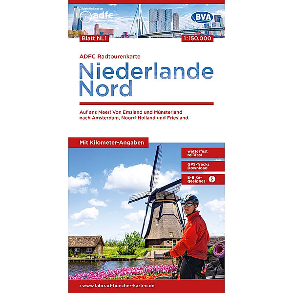 ADFC-Radtourenkarte NL 1 Niederlande Nord 1:150.000, reiss- und wetterfest, E-Bike geeignet, GPS-Tracks Download, mit Knotenpunkten, mit Bett+Bike Symbolen, mit Kilometer-Angaben