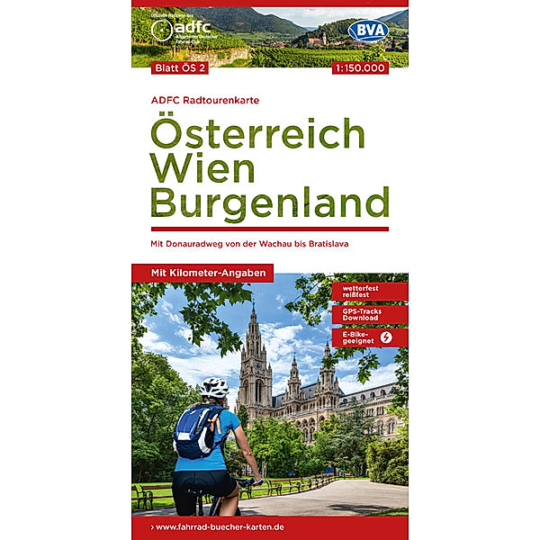 ADFC-Radtourenkarte ÖS2 Österreich Wien Burgenland 1:150:000, reiss- und wetterfest, E-Bike geeignet, GPS-Tracks Download, mit Bett+Bike Symbolen, mit Kilometer-Angaben