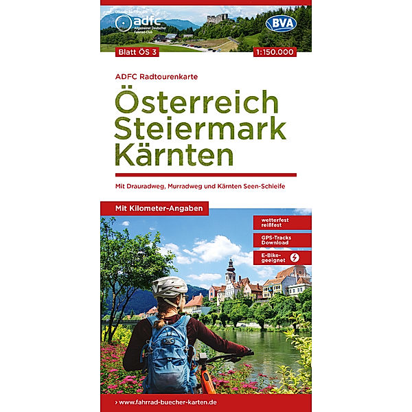 ADFC-Radtourenkarte ÖS3 Österreich Steiermark Kärnten 1:150:000, reiß- und wetterfest, E-Bike geeignet, GPS-Tracks Download, mit Bett+Bike Symbolen, mit Kilometer-Angaben
