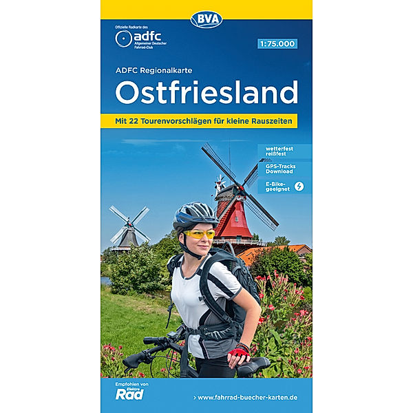 ADFC-Regionalkarte Ostfriesland, 1:75.000, mit Tagestourenvorschlägen, reiß- und wetterfest, E-Bike-geeignet, GPS-Tracks-Download