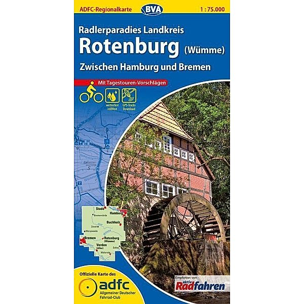 ADFC-Regionalkarte Radlerparadies Landkreis Rotenburg (Wümme), 1:75.000, mit Tagestourenvorschlägen, reiß- und wetterfest, E-Bike-geeignet, GPS-Tracks Download