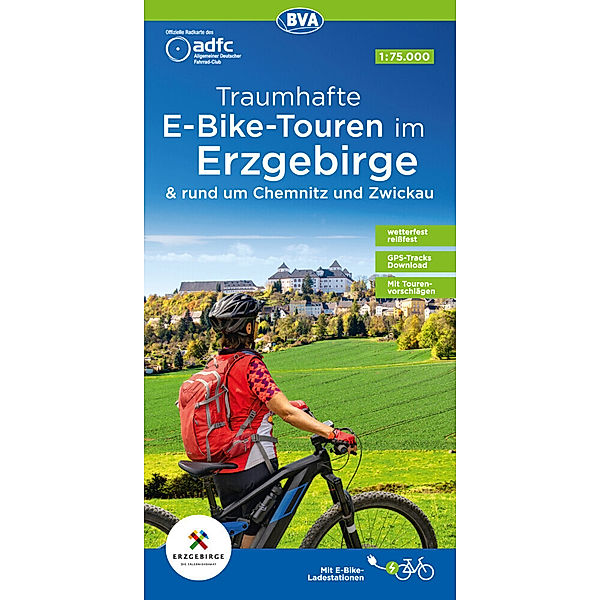 ADFC-Regionalkarte Traumhafte E-Bike-Touren im Erzgebirge, 1:75.000, mit Tagestourenvorschlägen, reiß- und wetterfest, GPS-Tracks Download