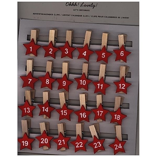 Adventskalender Clips mit Stern, Holz, rot