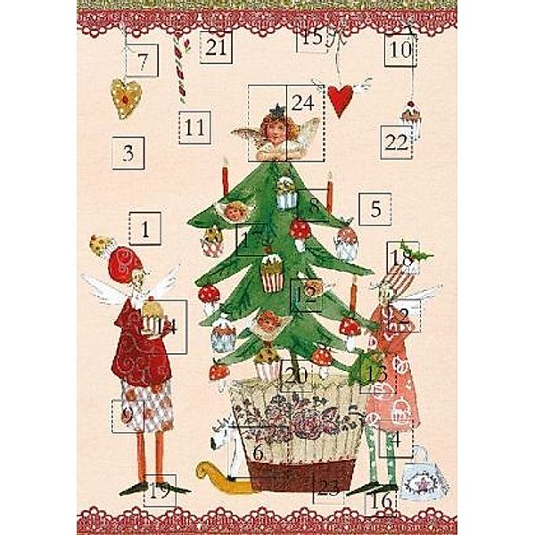 Adventskalender-Doppelkarte 2 Engel mit Weihnachtsbaum