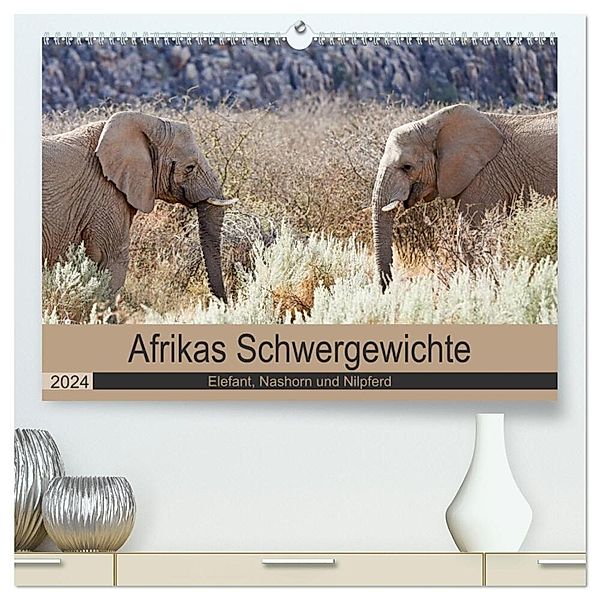 Afrikas Schwergewichte Elefant, Nashorn und Nilpferd (hochwertiger Premium Wandkalender 2024 DIN A2 quer), Kunstdruck in Hochglanz, Britta Kärcher