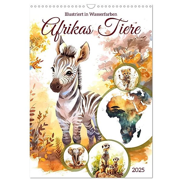 Afrikas Tiere - Illustriert in Wasserfarben (Wandkalender 2025 DIN A3 hoch), CALVENDO Monatskalender, Calvendo, Anja Frost