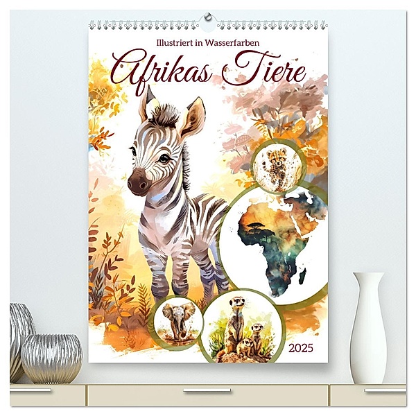 Afrikas Tiere - Illustriert in Wasserfarben (hochwertiger Premium Wandkalender 2025 DIN A2 hoch), Kunstdruck in Hochglanz, Calvendo, Anja Frost
