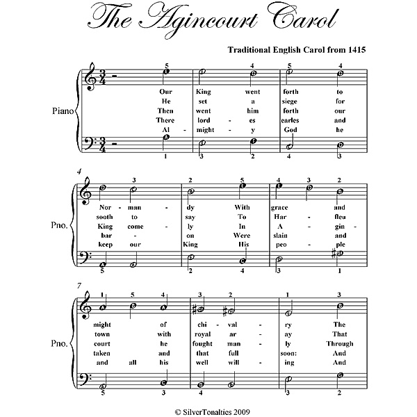 Agincourt Carol - Easy Piano Sheet Music, Silver Tonalities