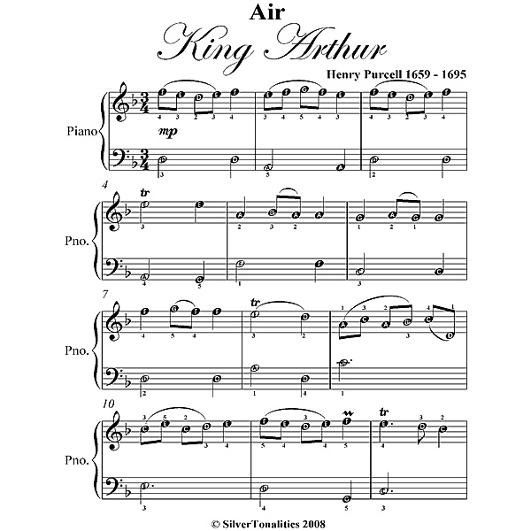 Air King Arthur Easy Piano Sheet Music, Henry Purcell