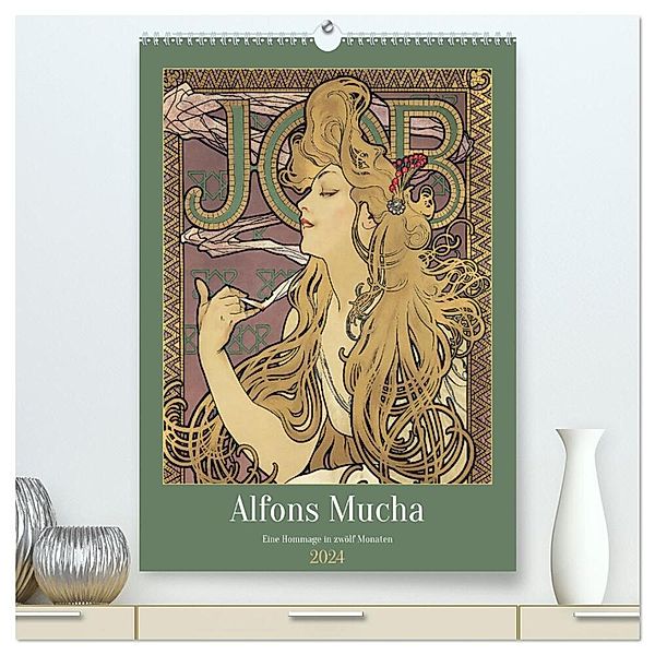 Alfons Mucha - Eine Hommage in zwölf Monaten (hochwertiger Premium Wandkalender 2024 DIN A2 hoch), Kunstdruck in Hochglanz, Peter Balan