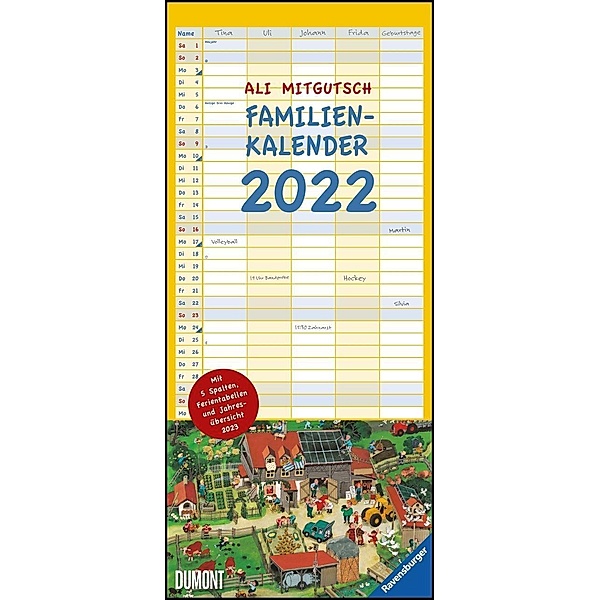 Ali Mitgutsch Familienkalender 2022 - Wandkalender - Familienplaner mit 5 Spalten - Format 22 x 49,5 cm, Ali Mitgutsch