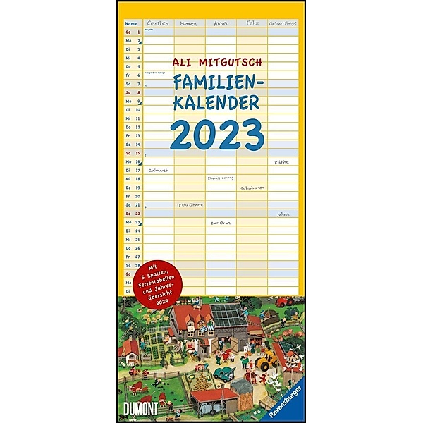 Ali Mitgutsch Familienkalender 2023 - Wandkalender - Familienplaner mit 5 Spalten - Format 22 x 49,5 cm