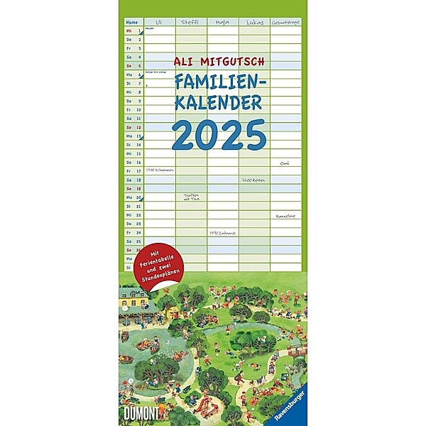 Ali Mitgutsch Familienkalender 2025 - Wandkalender - Familienplaner mit 5 Spalten - Format 22 x 49,5 cm