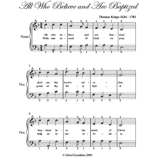 All Who Believe and Are Baptized Easy Piano Sheet Music, Thomas Kingo