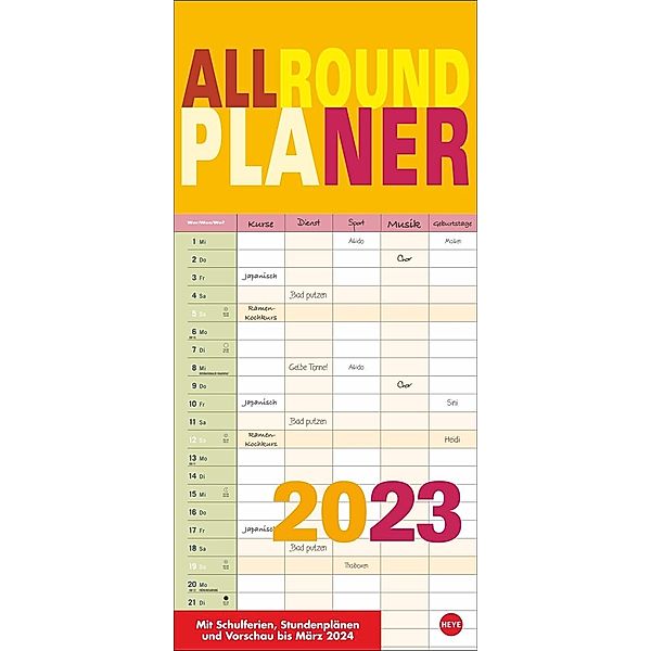 Allroundplaner bunt 2023. Praktischer Wandplaner mit 5 Spalten. Großer Wandkalender mit Schulferien und 3-Monats-Ausblic