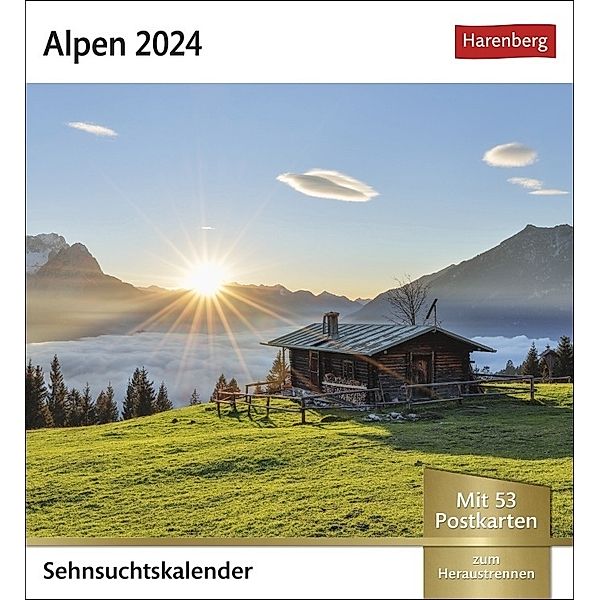 Alpen Sehnsuchtskalender 2024. 53 Postkarten in einem Fotokalender für Bergfreunde. Beeindruckende Panoramen in einem Kalender zum Aufstellen