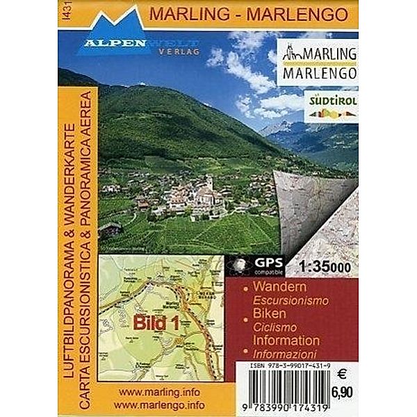 Alpenwelt Luftbildpanorama & Wanderkarte Marling. Marlengo