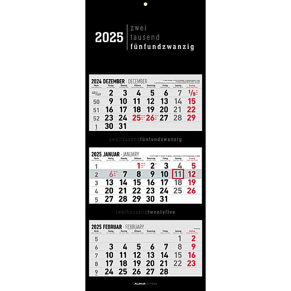 Alpha Edition - 3-Monatskalender Black 2025 Bürokalender, 33x20cm(33x80cm geöffnet), Kalender mit Jahresübersicht, Datumsschieber, faltbar, 3 Monate auf einen Blick und internationales Kalendarium