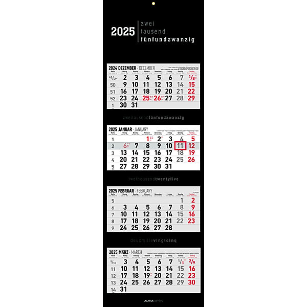 Alpha Edition - 4-Monatskalender Black 2025 Bürokalender, 33x20cm(33x100cm geöffnet), Kalender mit Jahresübersicht, Datumsschieber, faltbar,  4 Monate auf einen Blick und internationales Kalendarium