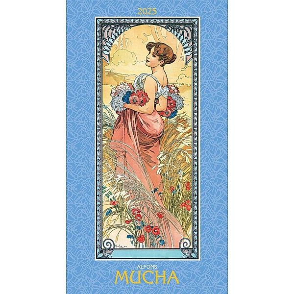 Alpha Edition - Alfons Mucha 2025 Bildkalender, 33x60cm, Kunstkalender mit hochwertigen Kunstdrucken für jeden Monat, mit stilvollem Glitzereffekt und internationalem Kalendarium