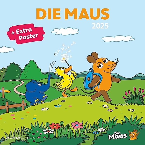 Alpha Edition - Die Maus 2025 Broschürenkalender 30x30cm, Kinderkalender mit humorvollen Illustrationen für jeden Monat, Mondphasen, Ferientermine DE/AT/CH und internationales Kalendarium