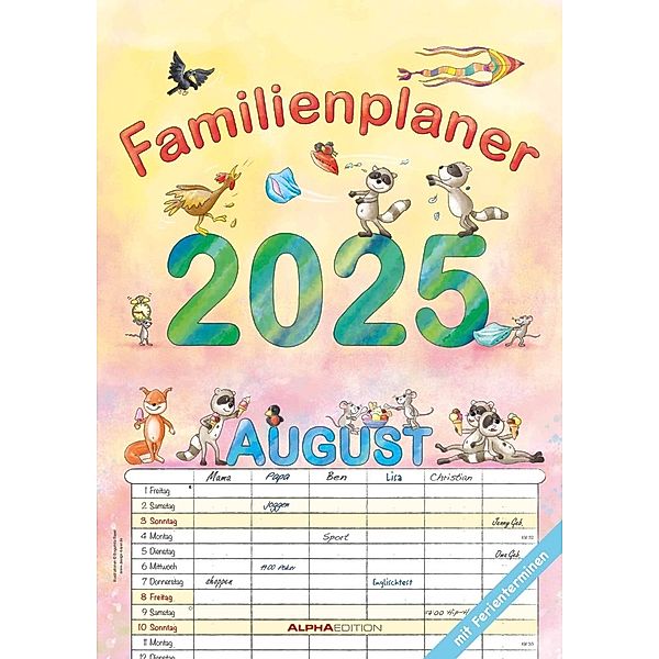 Alpha Edition - Familienplaner Cartoon 2025 Familienkalender, 29,7x42cm, Kalender mit 6 Spalten für Termine, Ferienterminen (DE/AT/CH) und viel Platz für Notizen, Illustrationen von Bayer Design