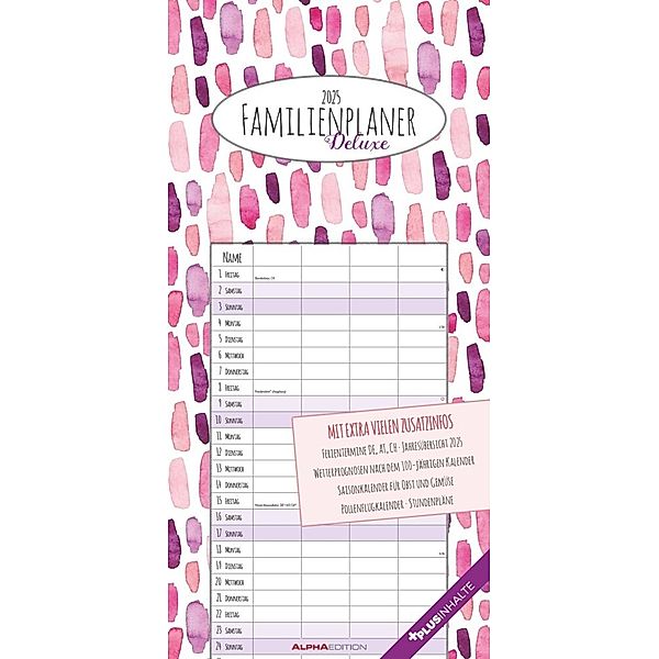 Alpha Edition - Familienplaner Deluxe 2025 Familienkalender, 22x45cm, Kalender mit 4 Spalten für Termine, 100-jährigem- und Pollenflugkalender, deutsches Kalendarium und Ferientermine DE/AT/CH