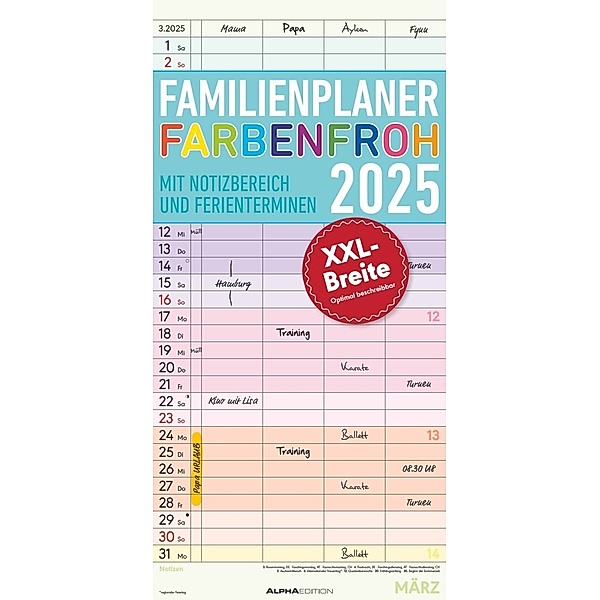 Alpha Edition - Familienplaner Farbenfroh 2025 Familienkalender, 22x45cm, Kalender mit 4 Spalten, viel Platz für Notizen, Offset-Papier, deutsches Kalendarium und Ferientermine DE/AT/CH