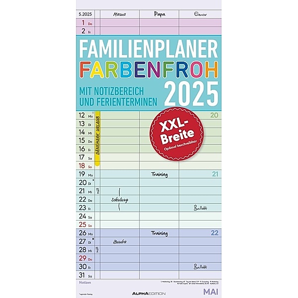 Alpha Edition - Familienplaner Farbenfroh 2025 Familientimer, 22x45cm, Familienkalender mit 3 Spalten für Termine, viel Platz für Notizmöglichkeiten, Ferientermine DE/AT/CH, deutsches Kalendarium