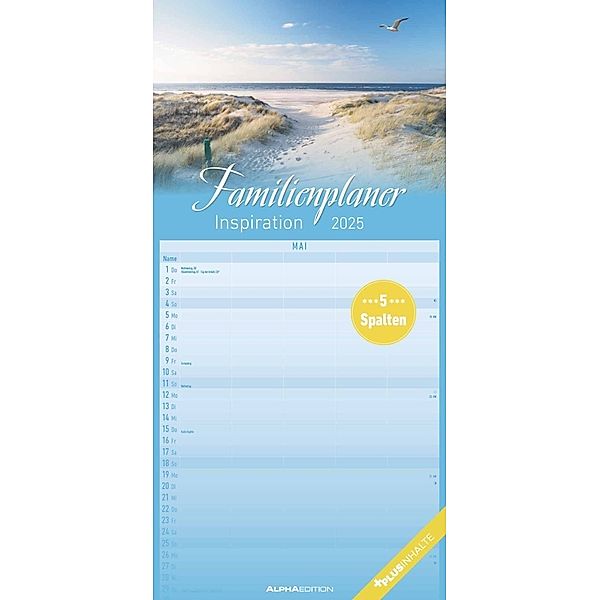 Alpha Edition - Familienplaner Inspiration 2025 Familienkalender, 22x45cm, Kalender mit 5 Spalten für Termine, 100-jährigem- und Pollenflugkalender, deutsches Kalendarium und Ferientermine DE/AT/CH