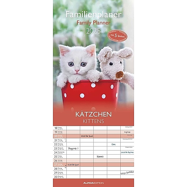 Alpha Edition - Familienplaner Kätzchen 2025, 19,5x45cm, Familienkalender mit 5 Spalten für Termine, Mondphasen, Ferientermine DE/AT/CH und deutsches Kalendarium