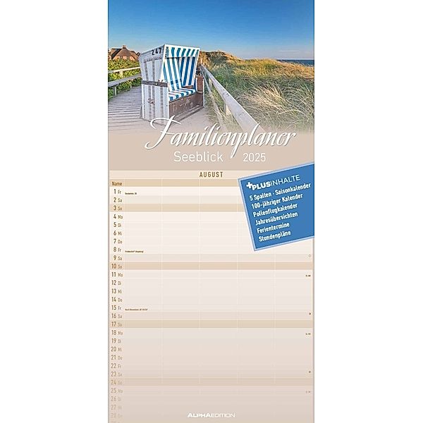 Alpha Edition - Familienplaner Seeblick 2025 Familienkalender 22x45cm, Kalender mit 5 Spalten, 100-jährigem- und Pollenflugkalender, deutsches Kalendarium und Ferientermine DE/AT/CH