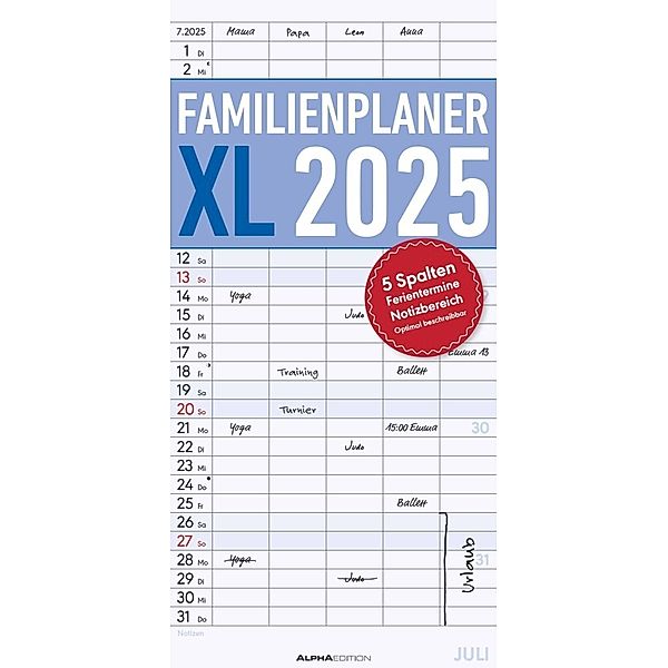 Alpha Edition - Familienplaner XL 2025 Familienkalender, 22x45cm, Kalender mit 5 Spalten, viel Platz für Notizen, Offset-Papier, deutsches Kalendarium und Ferientermine DE/AT/CH