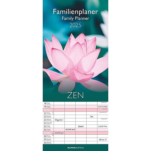 Alpha Edition - Familienplaner Zen 2025 Familienkalender, 19,5x45cm, Kalender mit 5 Spalten, viel Platz für Eintragungen, Mondphasen und Ferientermine DE/AT/CH
