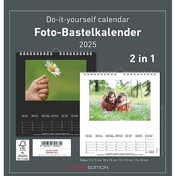 Alpha Edition - Foto-Bastelkalender 2025 schwarz und weiß, 21x22cm, Do it yourself Kalender mit Seiten aus hochwertigem Bastelkarton, 2 in 1, gestaltbares Titelblatt, Kalendarium in Schwarz und Weiß