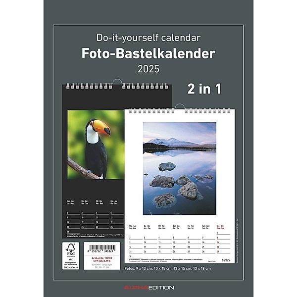 Alpha Edition - Foto-Bastelkalender 2025 schwarz und weiß, 21x29,7cm, Do it yourself Kalender mit Seiten aus hochwertigem Bastelkarton, 2 in 1, gestaltbares Titelblatt, Kalendarium in Schwarz und Weiß