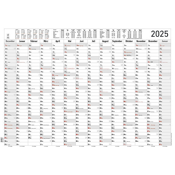 Alpha Edition - Jahresplaner XL 2025 Plakatkalender, 100x70cm, Jahreskalender mit 14 Monaten-Übersicht, Ferienterminen und deutschem Kalendarium, Arbeitstagezählung