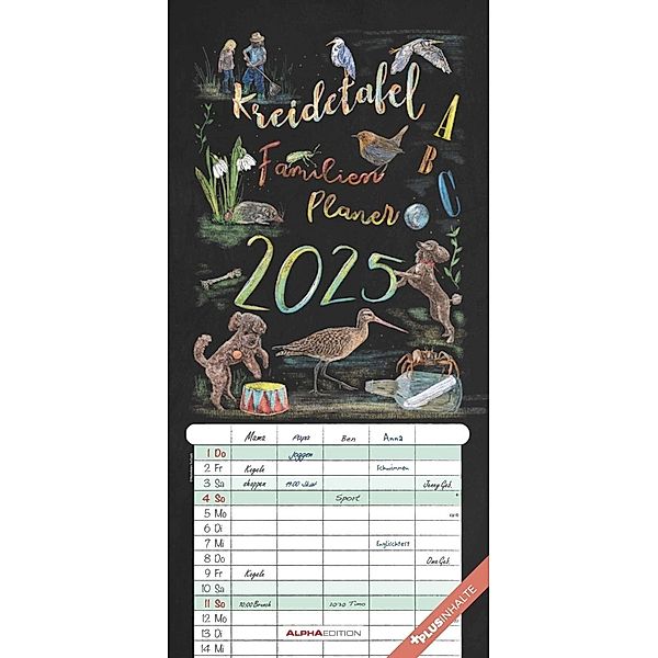 Alpha Edition - Kreidetafel Familienplaner 2025 Familienkalender, 22x45cm, Kalender mit 5 Spalten, 100-jährigem Kalender, Illustrationen von Eva Czapla und Ferientermine DE/AT/CH