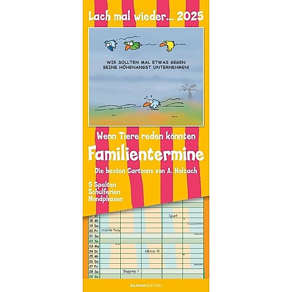 Alpha Edition - Lach mal wieder... 2025 Familienplaner, 19,5x45cm, Familienkalender mit 5 Spalten für Termine, Mondphasen, Kalenderwochen, Ferientermine DE/AT/CH, deutsches Kalendarium