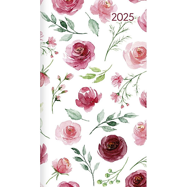 Alpha Edition - Miniplaner Style Rosenblüten 2025 Taschenkalender, 9x15cm, Kalender mit 64 Seiten, Ferientermine, Notizbereich und internationales Kalendarium