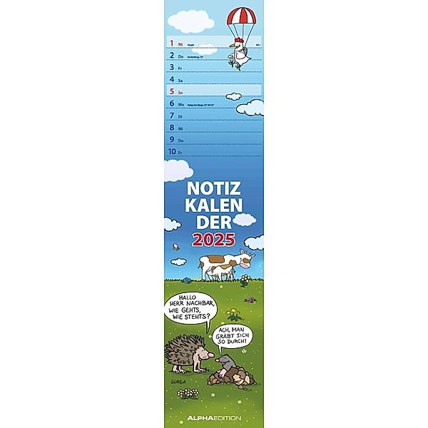 Alpha Edition - Notizkalender Humor 2025 Streifenplaner, 15x64cm, Kalender mit lustigen Cartoons und Sprüchen, Monatsübersicht, Notizmöglichkeiten für jeden Tag und deutsches Kalendarium