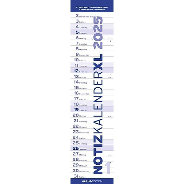Alpha Edition - Notizkalender XL BLAU 2025 Streifenkalender, 15x64cm, Wandkalender mit Platz für Notizen und Zusatzinformationen, Mondphasen und deutschem Kalendarium