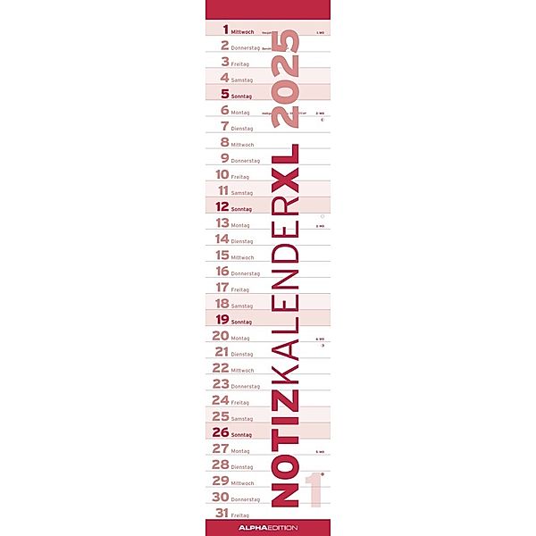 Alpha Edition - Notizkalender XL ROT 2025 Streifenkalender, 15x64cm, Wandkalender mit Platz für Notizen und Zusatzinformationen, Mondphasen und deutschem Kalendarium